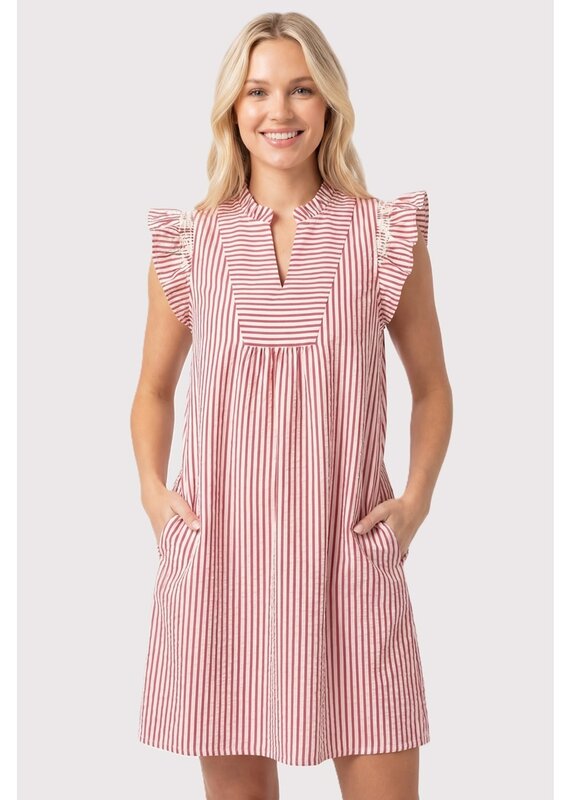 Faye Frilled Neck Smocked Sleeve Striped Dress