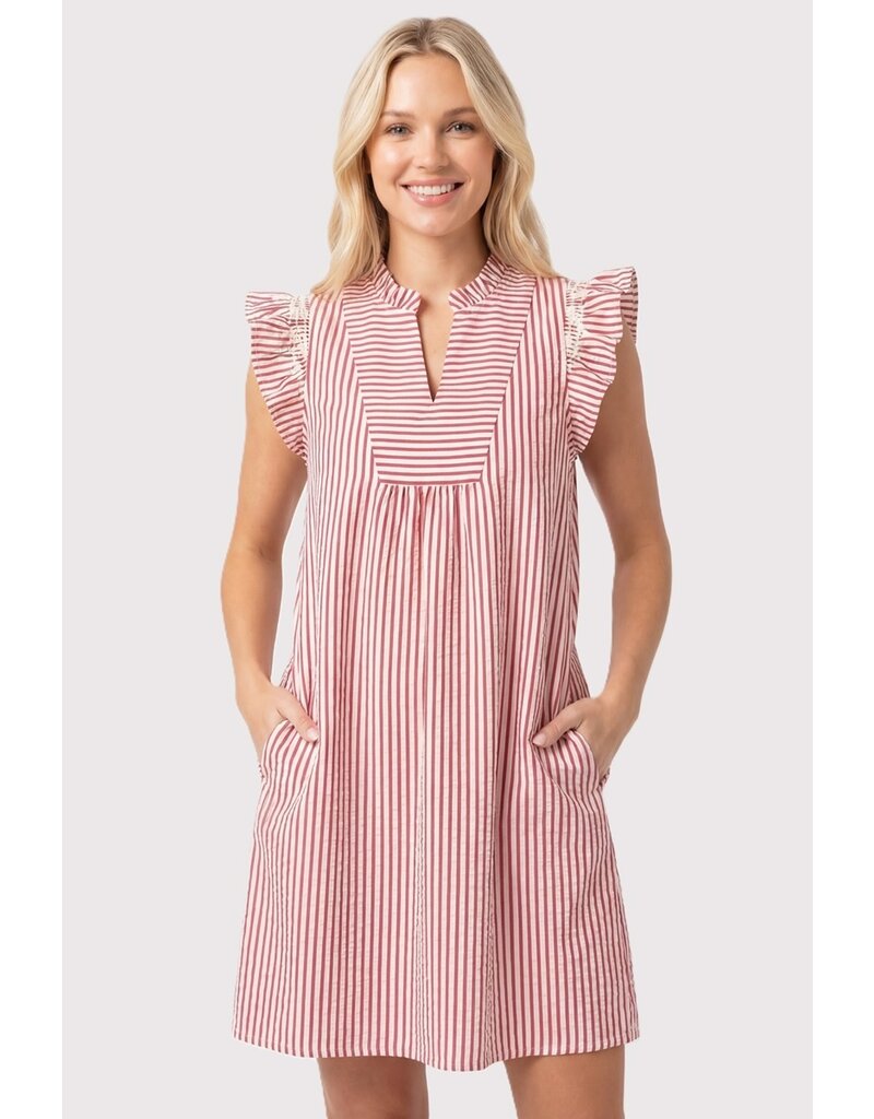 Faye Frilled Neck Smocked Sleeve Striped Dress