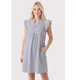 Faye Frilled Neck Smocked Sleeve Striped Dress