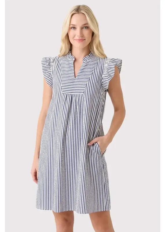 Faye Frilled Neck Smocked Sleeve Striped Dress
