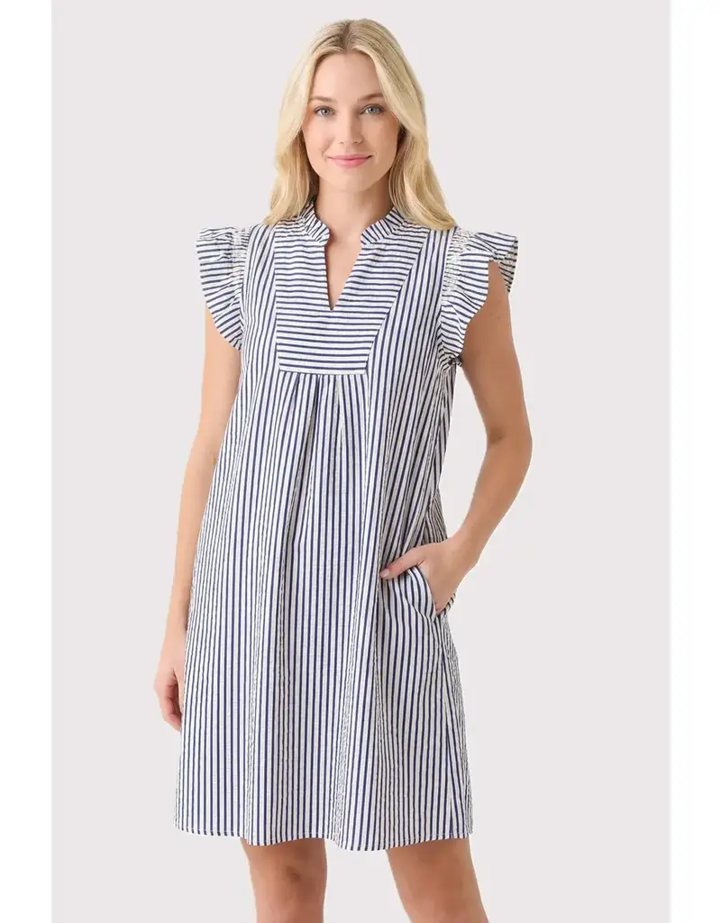 Faye Frilled Neck Smocked Sleeve Striped Dress