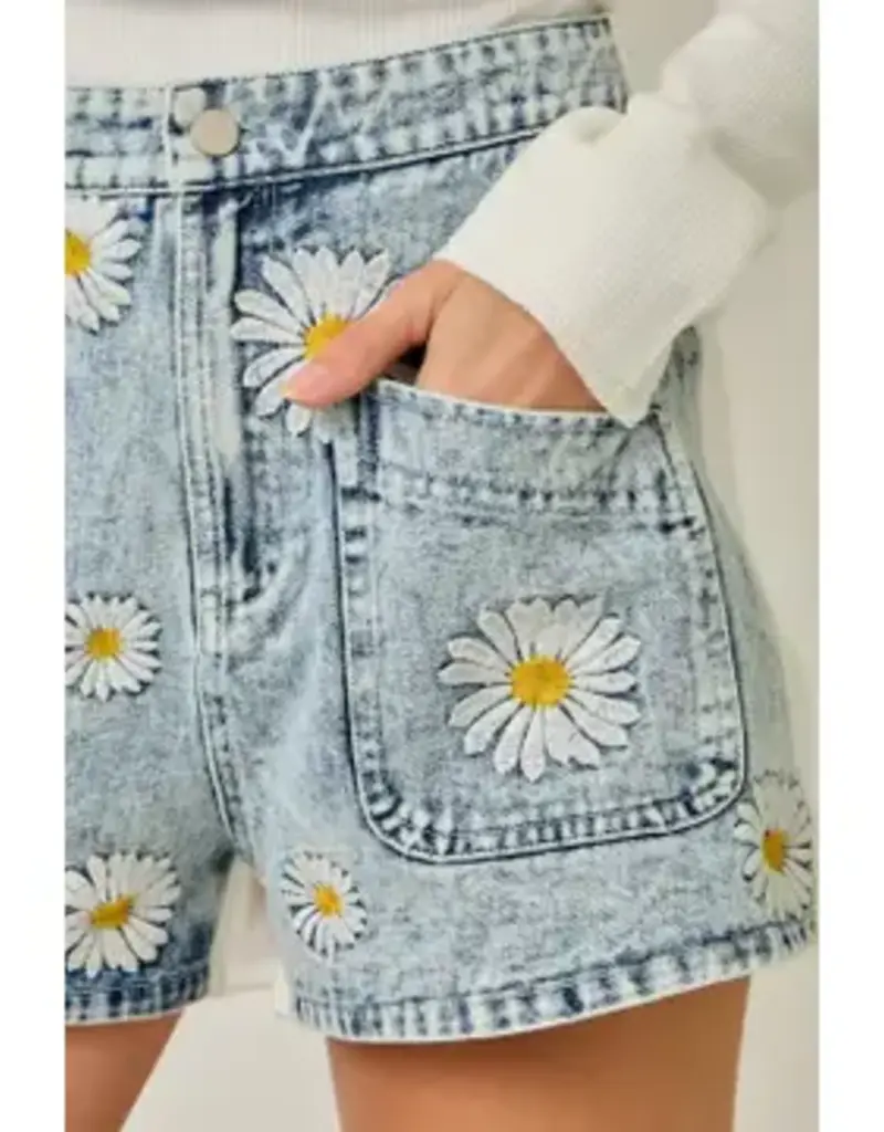 Daisy Mixed Media Embroidery Shorts