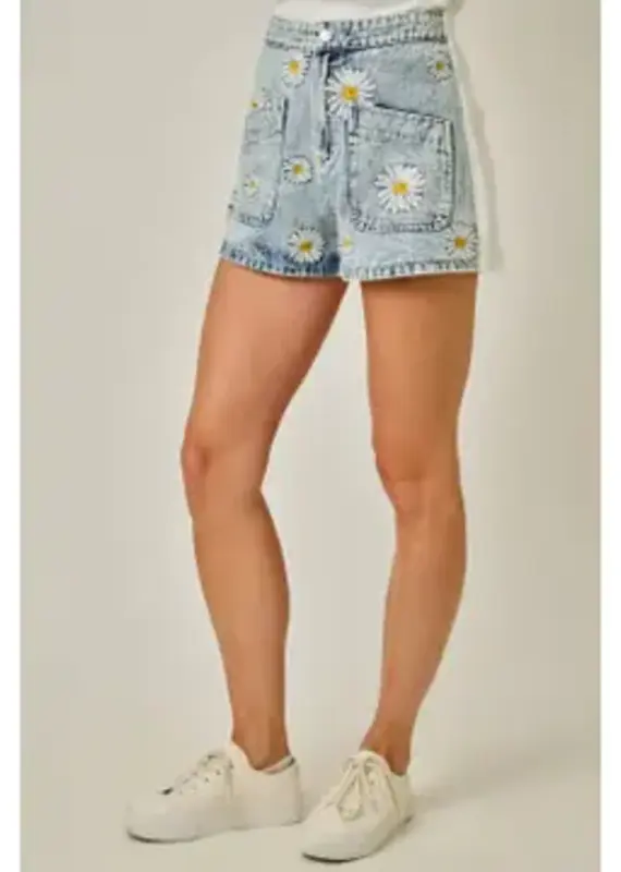 Daisy Mixed Media Embroidery Shorts