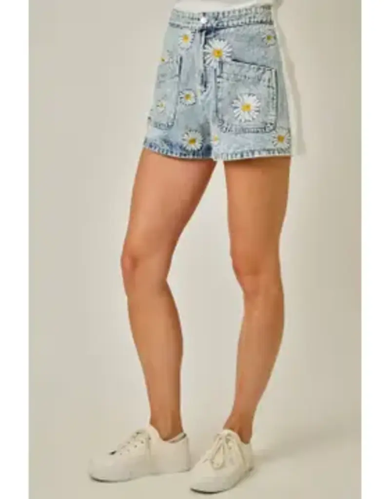 Daisy Mixed Media Embroidery Shorts
