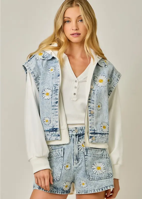 Daisy Embroidered Denim Twofer Hoodie Jacket