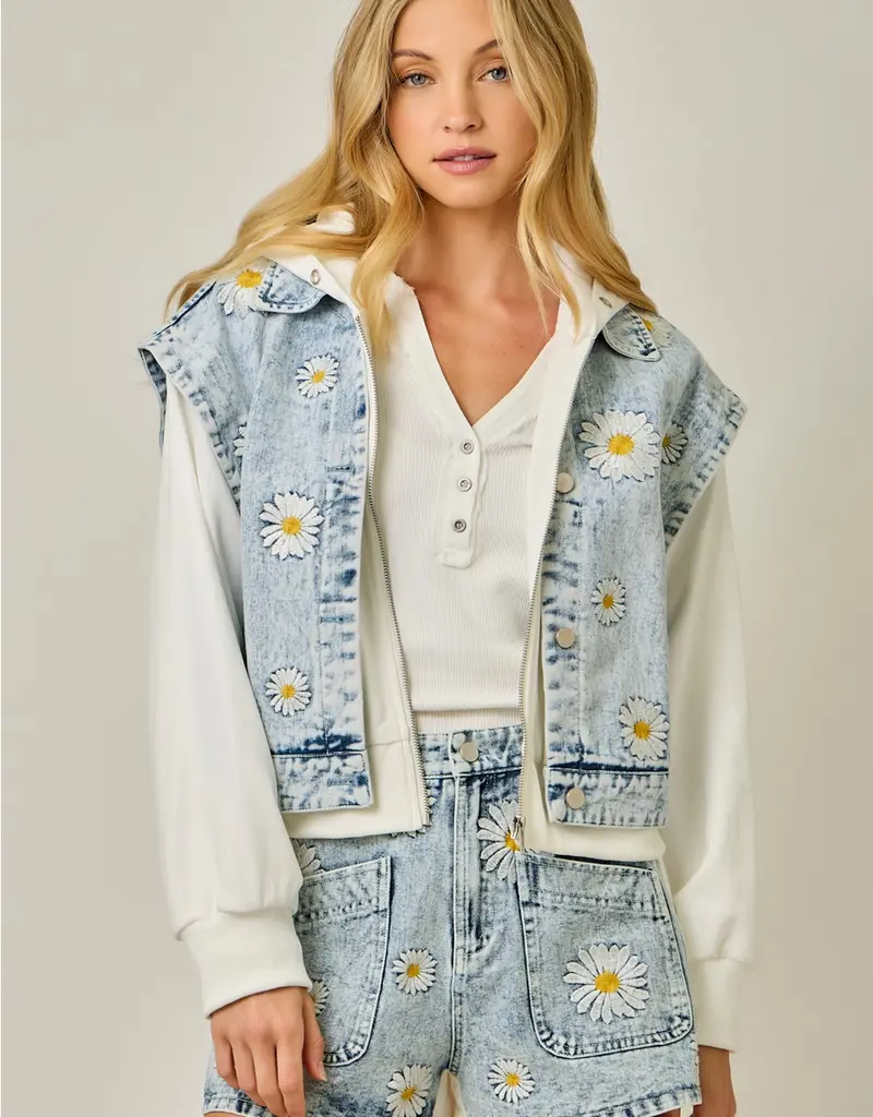 Daisy Embroidered Denim Twofer Hoodie Jacket