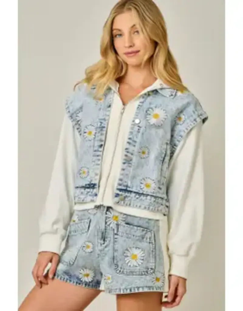 Daisy Embroidered Denim Twofer Hoodie Jacket