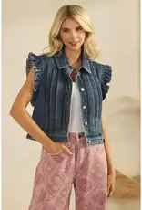 Denim Vest with Front Pleat & Ruffles Cap Sleeves Details