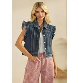 Denim Vest with Front Pleat & Ruffles Cap Sleeves Details