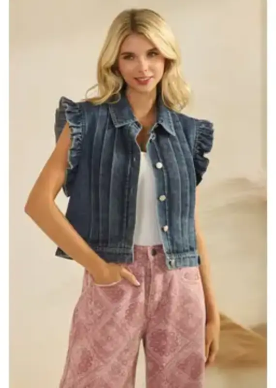 Denim Vest with Front Pleat & Ruffles Cap Sleeves Details