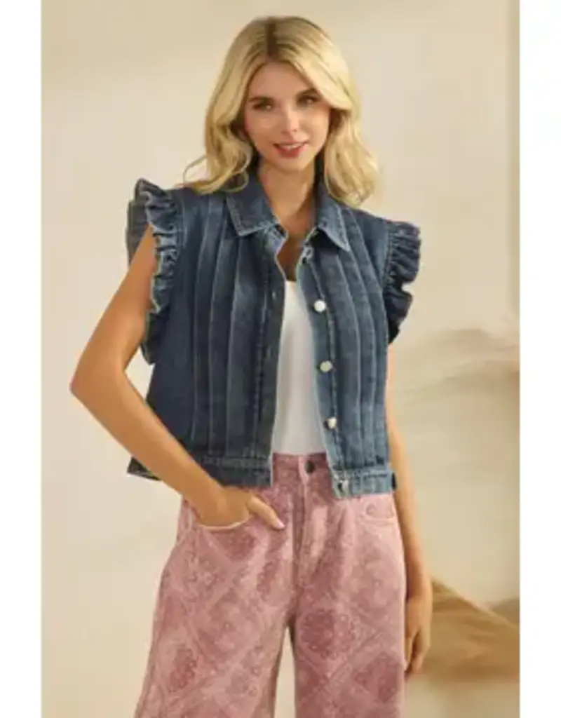 Denim Vest with Front Pleat & Ruffles Cap Sleeves Details