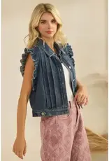 Denim Vest with Front Pleat & Ruffles Cap Sleeves Details