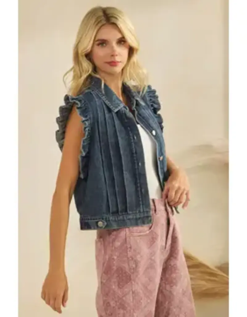 Denim Vest with Front Pleat & Ruffles Cap Sleeves Details
