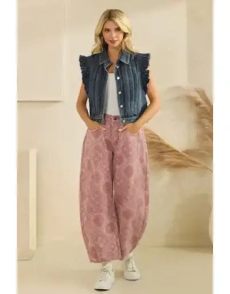 Denim Vest with Front Pleat & Ruffles Cap Sleeves Details