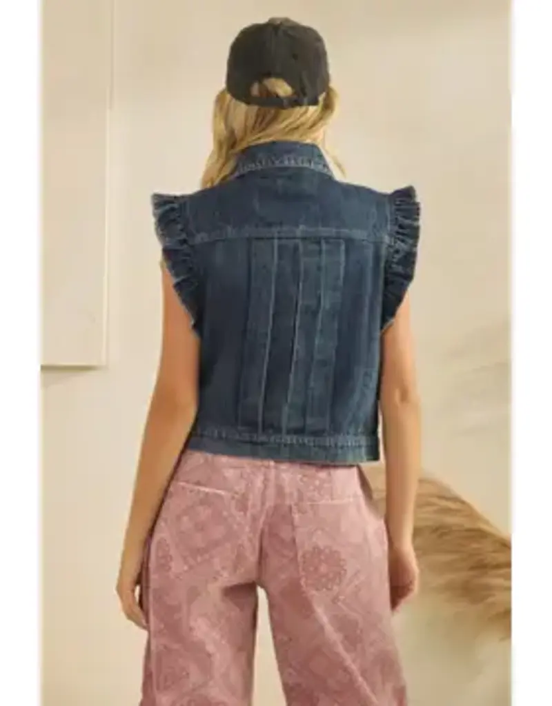 Denim Vest with Front Pleat & Ruffles Cap Sleeves Details