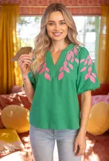 Velinda V-Neck Embroidy & Bubble Sleeve Detail Top