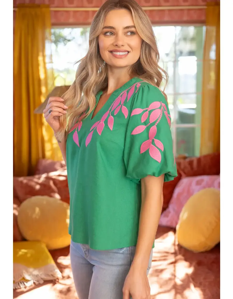 Velinda V-Neck Embroidy & Bubble Sleeve Detail Top