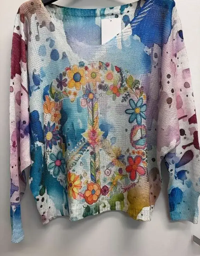 Italian Floral Peace Sign Knit Sweater