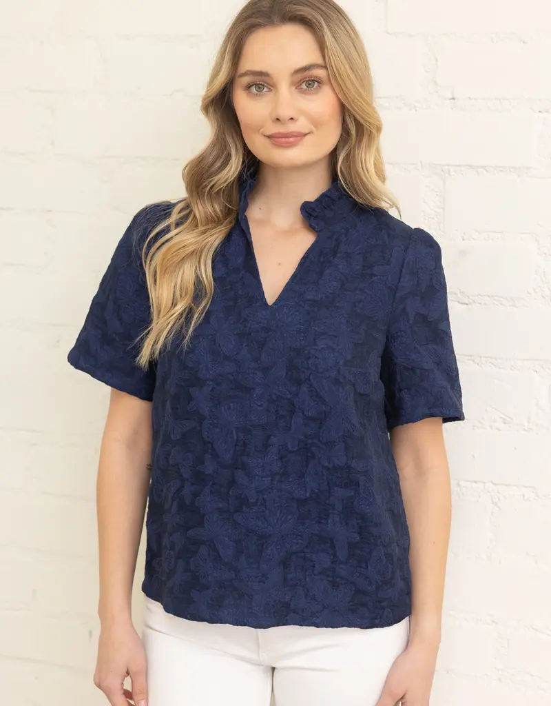 V-Neck Butterfly Jacquard Top