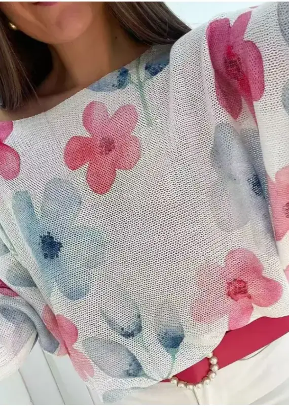 Floral Knit Printed Top - White Multi - Made in Italy
