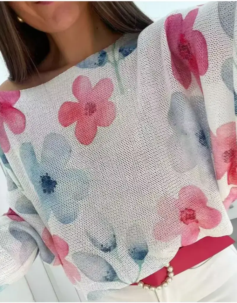 Floral Knit Printed Top - White Multi - Made in Italy