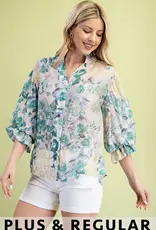 Bloom Floral Top with 3/4 Length Gathered Balloon Sleeves