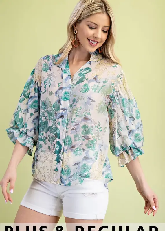 Bloom Floral Top with 3/4 Length Gathered Balloon Sleeves (CURVY)