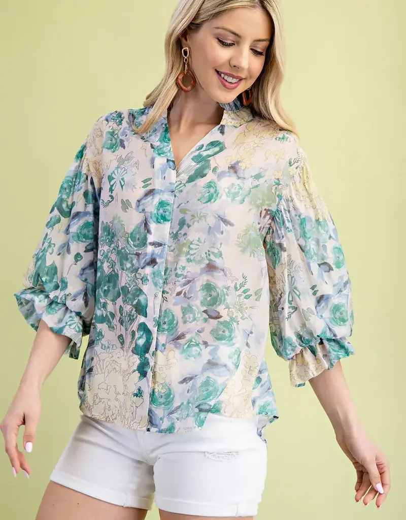 Bloom Floral Top with 3/4 Length Gathered Balloon Sleeves