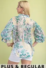 Bloom Floral Top with 3/4 Length Gathered Balloon Sleeves