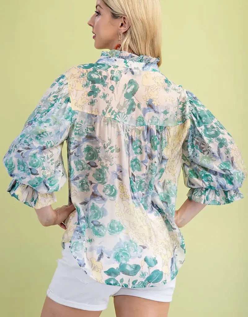 Bloom Floral Top with 3/4 Length Gathered Balloon Sleeves
