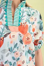 Floral Mock-Neck Top with Contrasting Stripe Trim