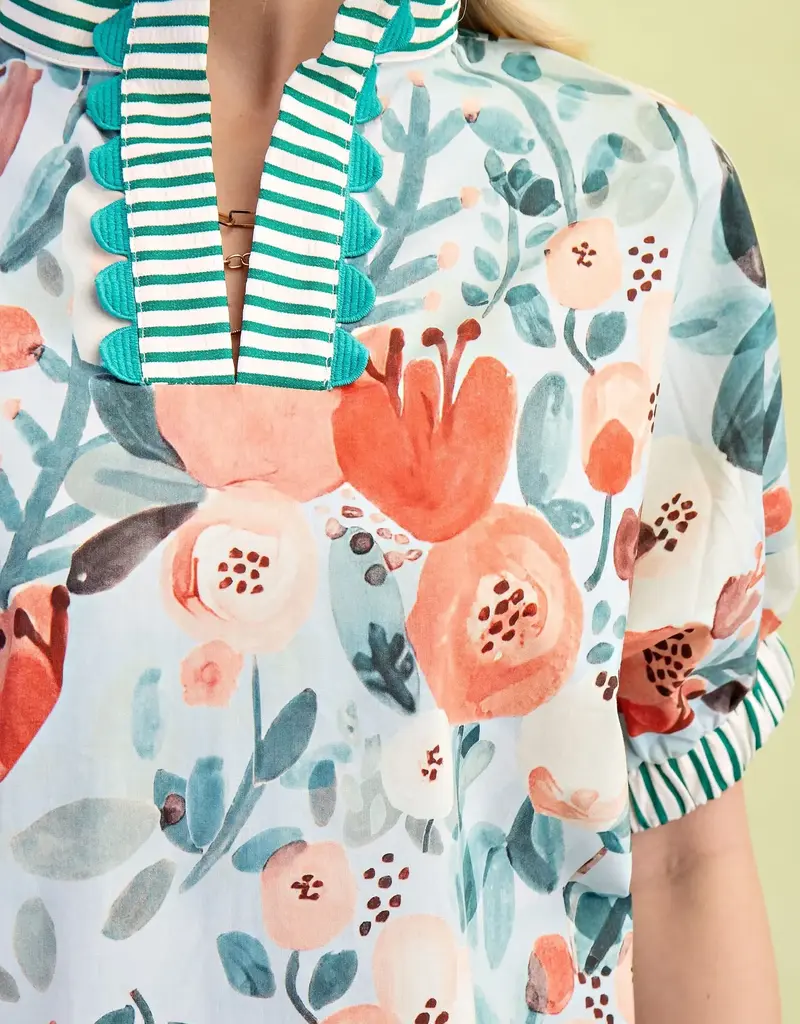 Floral Mock-Neck Top with Contrasting Stripe Trim