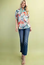 Floral Mock-Neck Top with Contrasting Stripe Trim