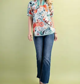 Floral Mock-Neck Top with Contrasting Stripe Trim