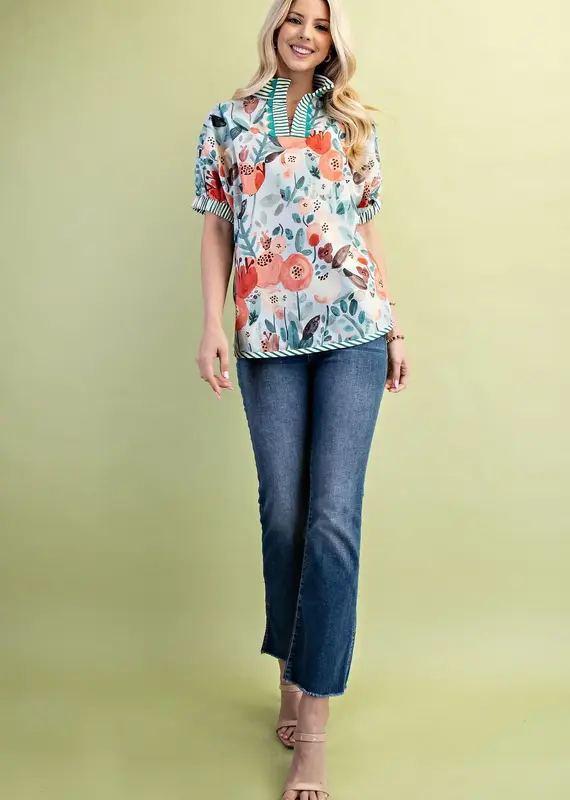 Floral Mock-Neck Top with Contrasting Stripe Trim