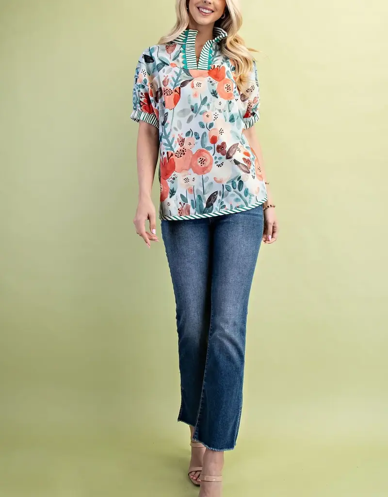 Floral Mock-Neck Top with Contrasting Stripe Trim