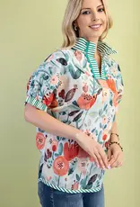Floral Mock-Neck Top with Contrasting Stripe Trim