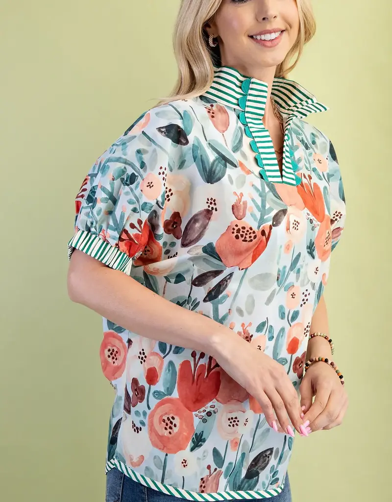 Floral Mock-Neck Top with Contrasting Stripe Trim