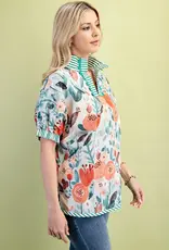 Floral Mock-Neck Top with Contrasting Stripe Trim