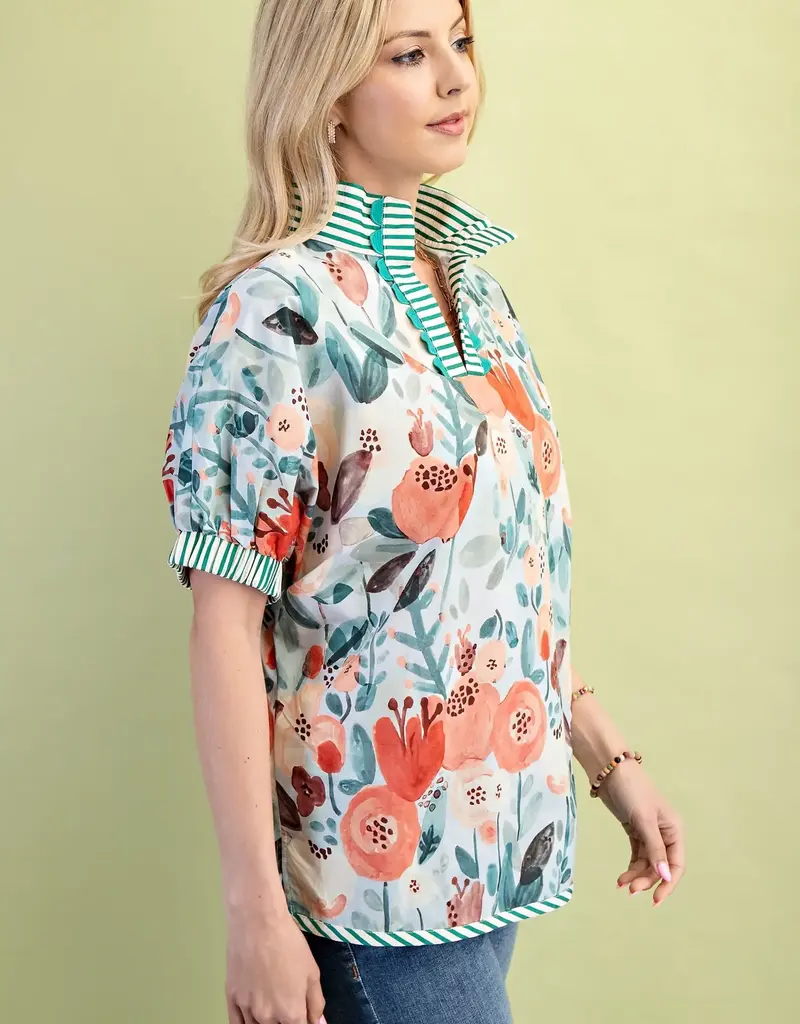 Floral Mock-Neck Top with Contrasting Stripe Trim