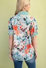 Floral Mock-Neck Top with Contrasting Stripe Trim