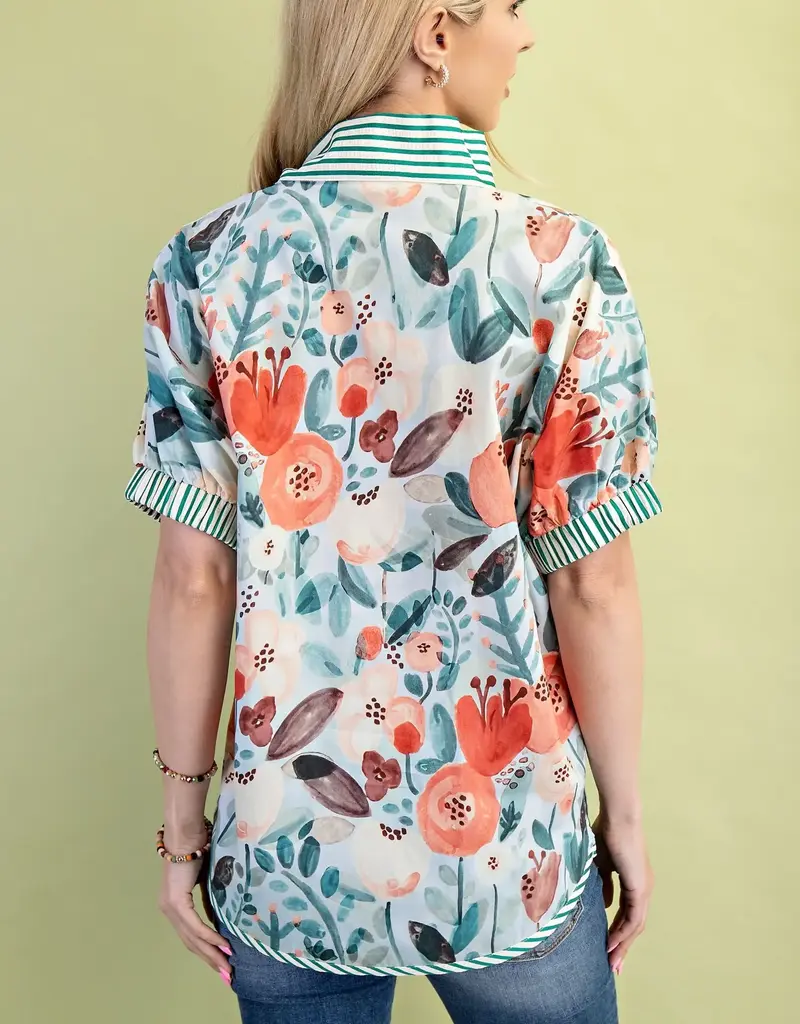 Floral Mock-Neck Top with Contrasting Stripe Trim