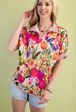 Floral Mock-Neck Top with Contrasting Stripe Trim