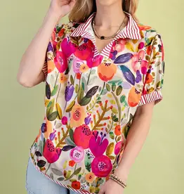 Floral Mock-Neck Top with Contrasting Stripe Trim