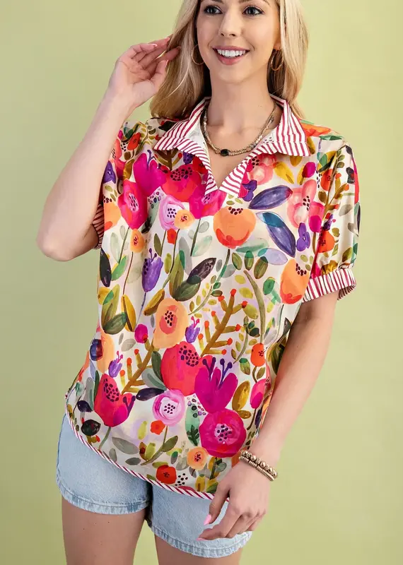 Floral Mock-Neck Top with Contrasting Stripe Trim