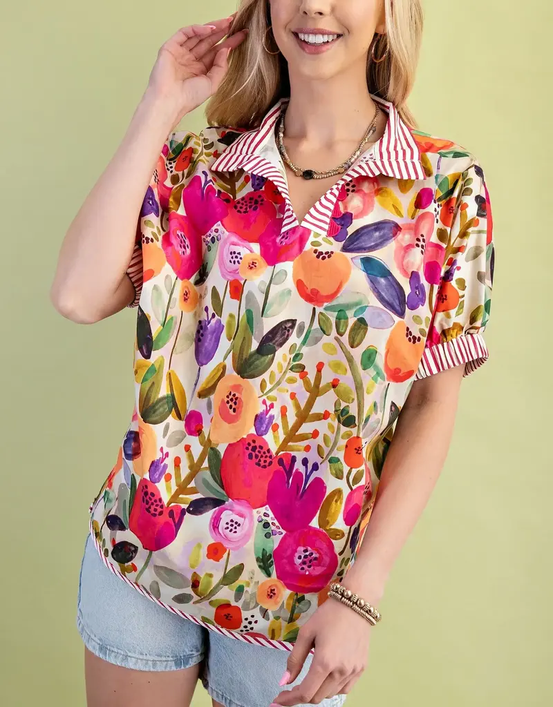 Floral Mock-Neck Top with Contrasting Stripe Trim