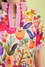 Floral Mock-Neck Top with Contrasting Stripe Trim