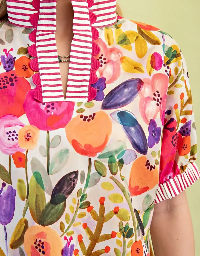 Floral Mock-Neck Top with Contrasting Stripe Trim