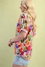 Floral Mock-Neck Top with Contrasting Stripe Trim