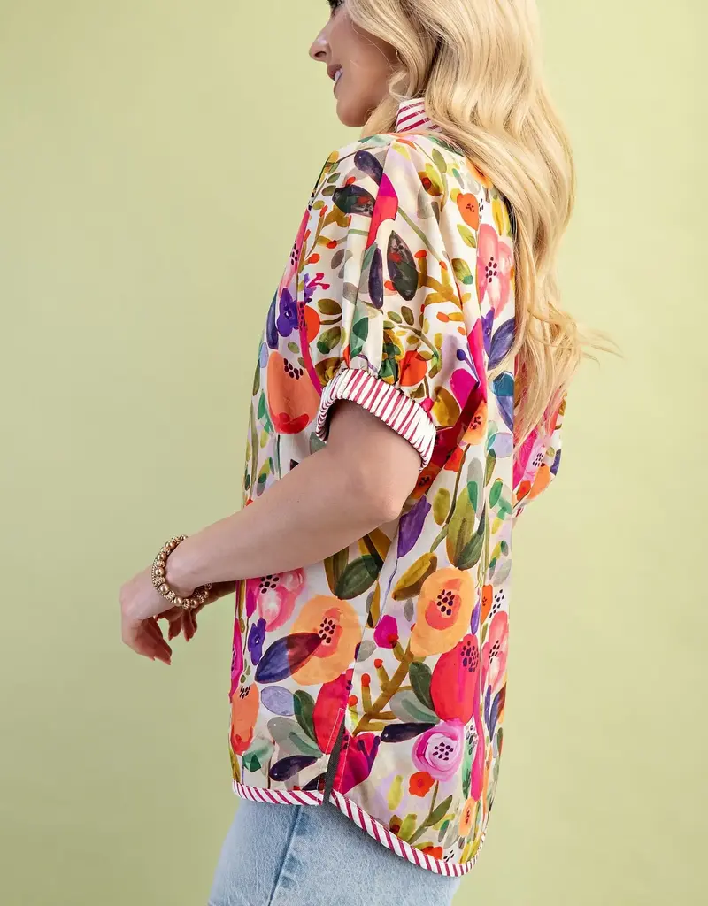 Floral Mock-Neck Top with Contrasting Stripe Trim